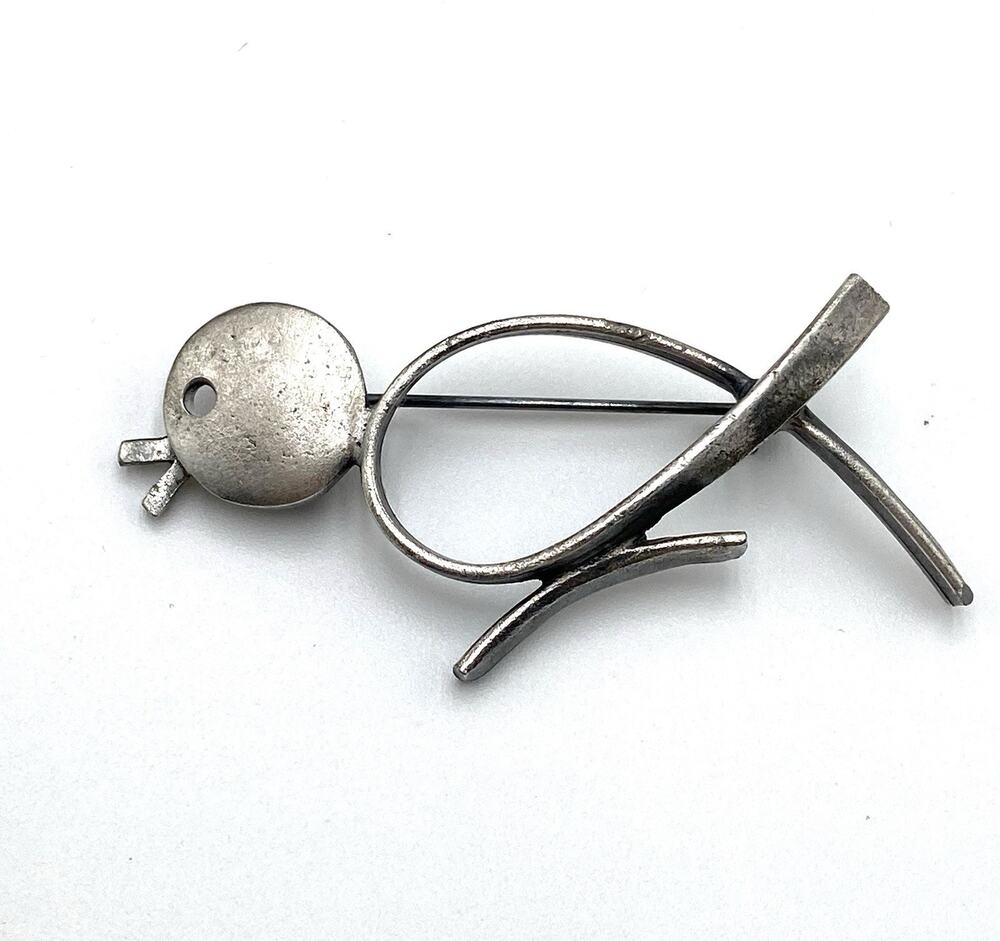 Vintage Brooch Bird Modernist Art Deco Pewter Tone Estate
